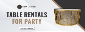 Event Essentials table rentals banner with a gold and glass table.