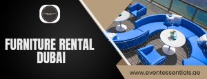 Luxury blue outdoor lounge furniture setup with 'Furniture Rental Dubai