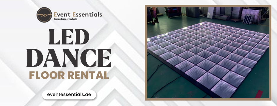 LED dance floor rental by Event Essentials featuring a purple illuminated grid-style floor setup in an indoor venue.