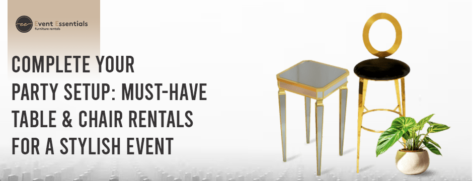 Elegant gold table and black-gold chair setup for stylish party rentals by Event Essentials.