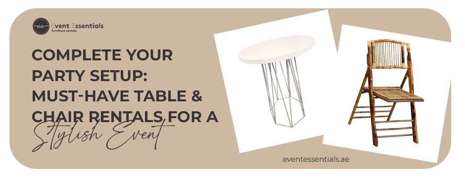 Modern cocktail table and rustic bamboo chair for event rentals from Event Essentials.