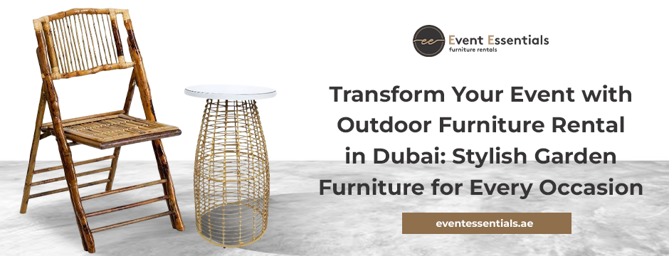Wooden chair and wicker table for garden furniture rental in Dubai