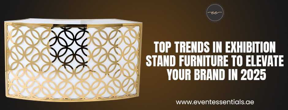 Elegant gold and white exhibition counter with circular patterns, promoting 2025 furniture trends by Event Essentials.