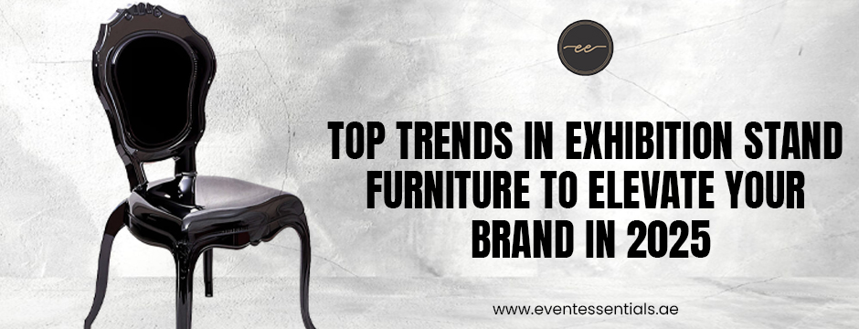 Glossy black vintage chair on concrete background, highlighting 2025 exhibition furniture trends by Event Essentials.