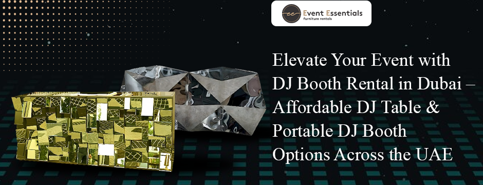 Modern silver and black portable DJ booths available for event rental in Dubai.