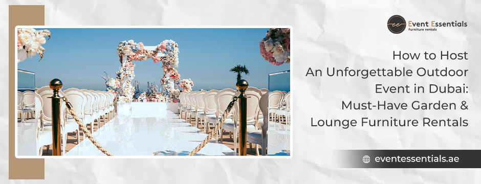Elegant outdoor wedding setup with white chairs and floral arch in Dubai.