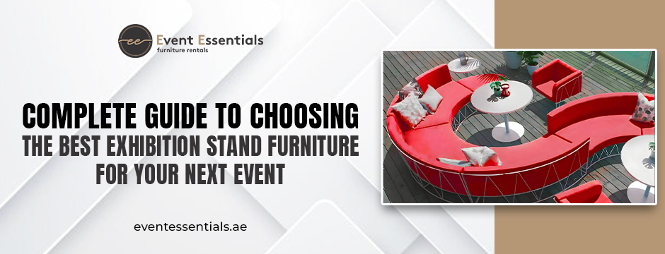 Modern exhibition stand furniture setup with red modular seating