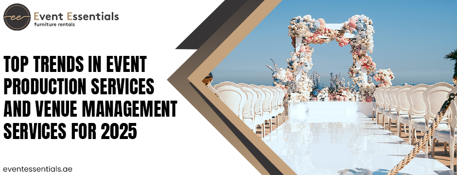 Elegant seaside wedding aisle setup with white luxury chairs, glossy runway-style floor, and floral arch, branded Event Essentials furniture rentals banner for 2025 event trends.