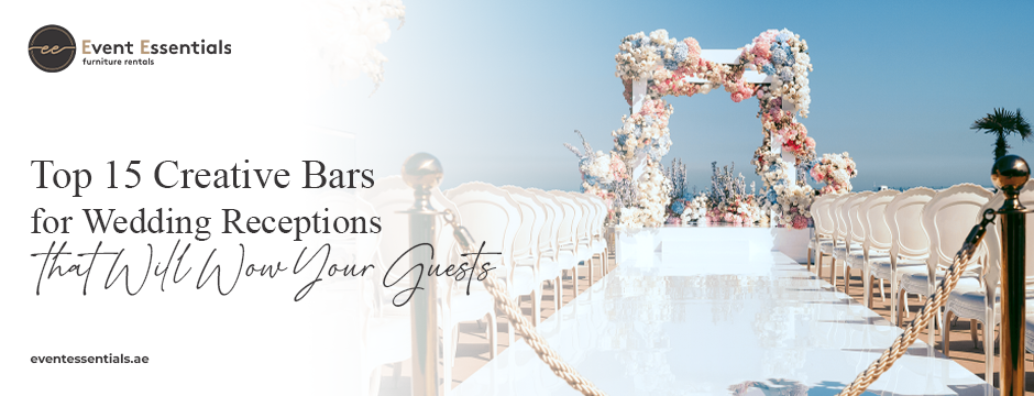 Luxurious outdoor wedding ceremony décor with floral arch and white seating featured in an article about creative bar for wedding ideas.