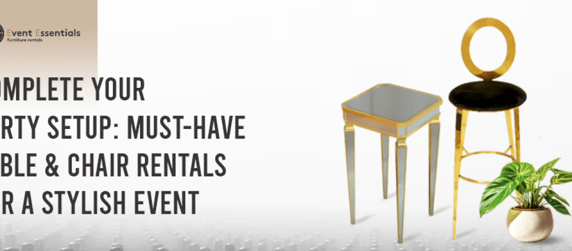 Elegant gold table and black-gold chair setup for stylish party rentals by Event Essentials.