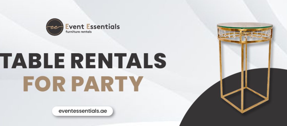 Table rental ad by Event Essentials featuring a gold and glass table.