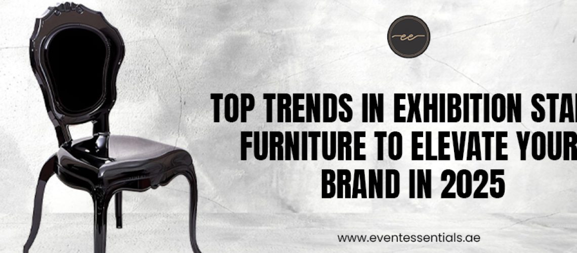 Glossy black vintage chair on concrete background, highlighting 2025 exhibition furniture trends by Event Essentials.